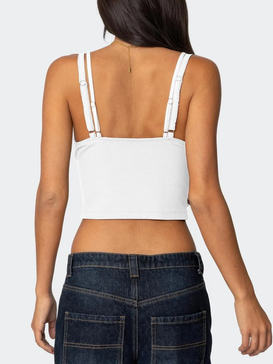 Women's Lace Bow Ribbed Spaghetti Strap Tank Top Cute V Neck Camisole Cropped Going Out Tops