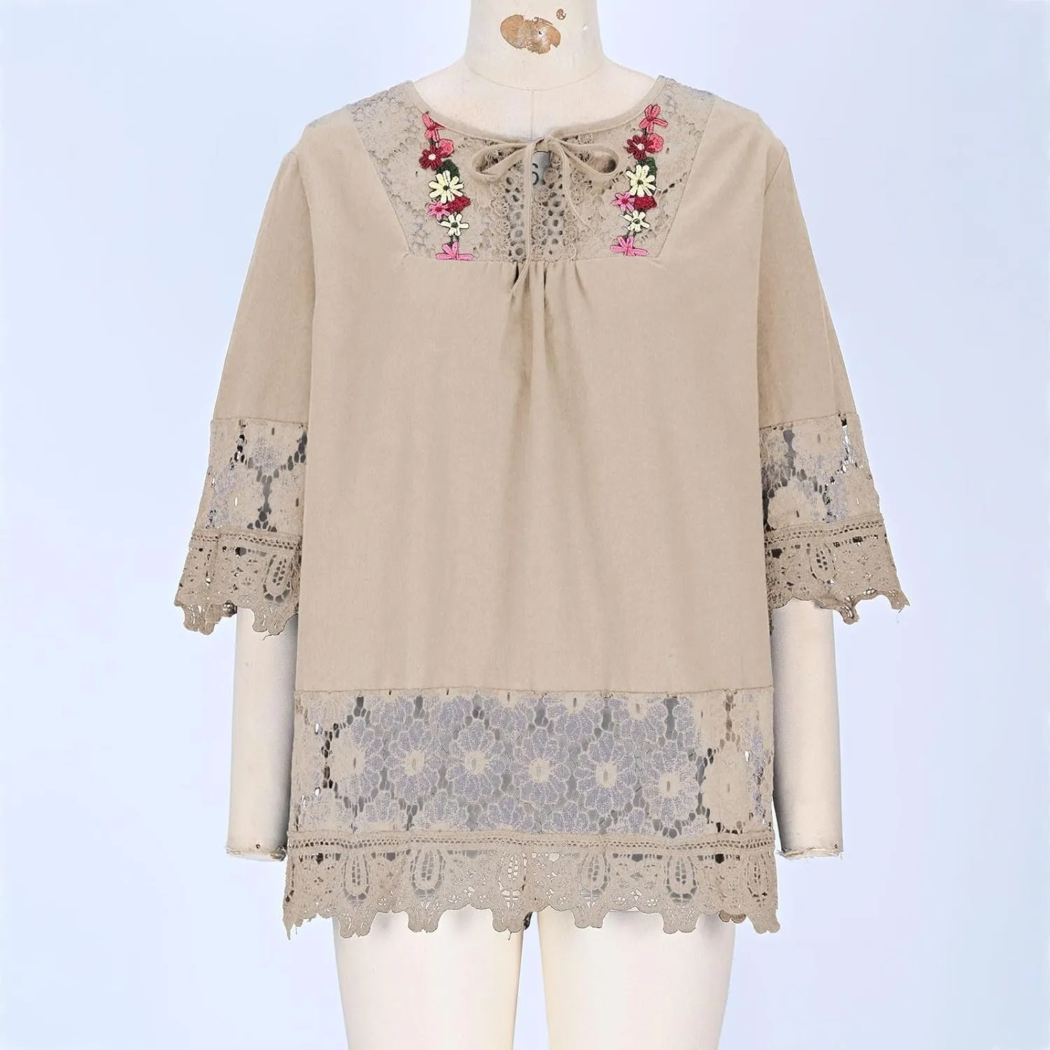 Women's Linen Embroidered Tops Loose Fit Flowy Lace Tunic 3/4 Sleeve Summer Cotton Blouse Shirts Boho Trendy Clothes