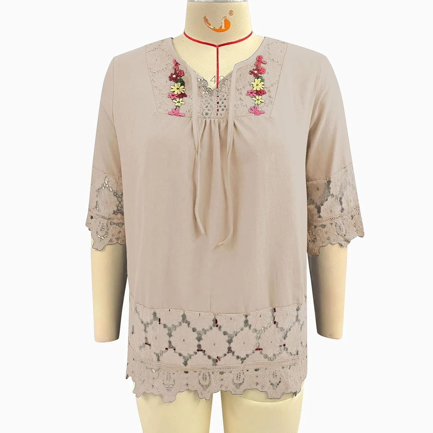 Women's Linen Embroidered Tops Loose Fit Flowy Lace Tunic 3/4 Sleeve Summer Cotton Blouse Shirts Boho Trendy Clothes