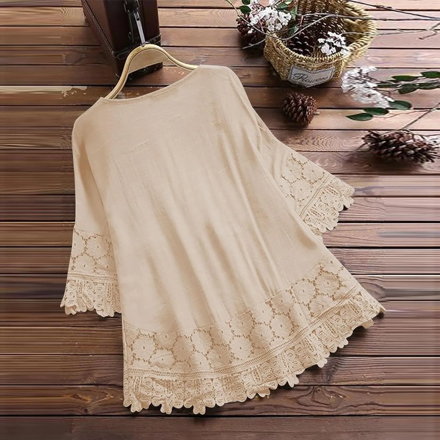Women's Linen Embroidered Tops Loose Fit Flowy Lace Tunic 3/4 Sleeve Summer Cotton Blouse Shirts Boho Trendy Clothes
