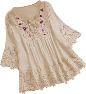 Women's Linen Embroidered Tops Loose Fit Flowy Lace Tunic 3/4 Sleeve Summer Cotton Blouse Shirts Boho Trendy Clothes