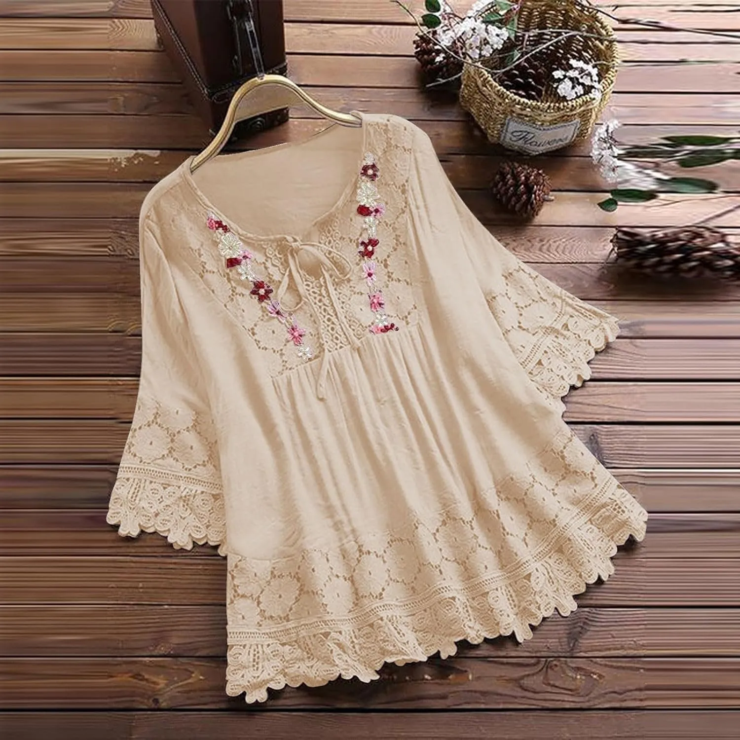 Women's Linen Embroidered Tops Loose Fit Flowy Lace Tunic 3/4 Sleeve Summer Cotton Blouse Shirts Boho Trendy Clothes