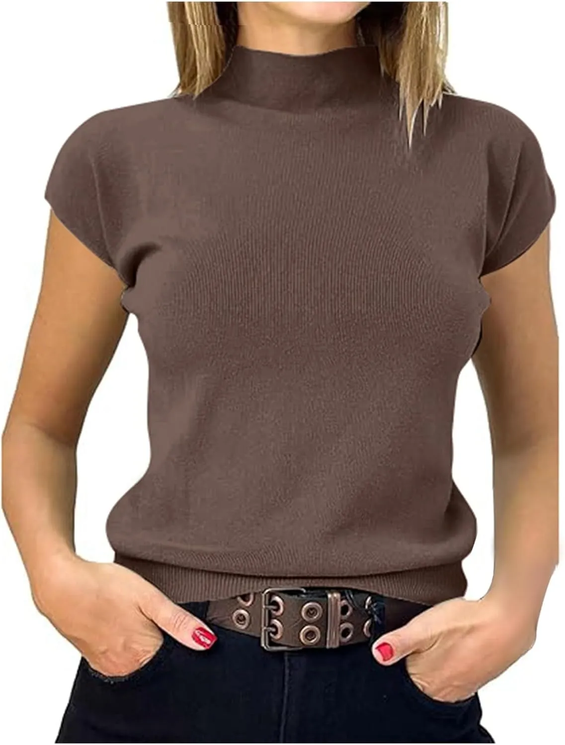Womens Short Sleeve Top Turtleneck Mock Neck Blouse Summer Casual Basic Knit Slim Fitted Pullover Tops Shirt