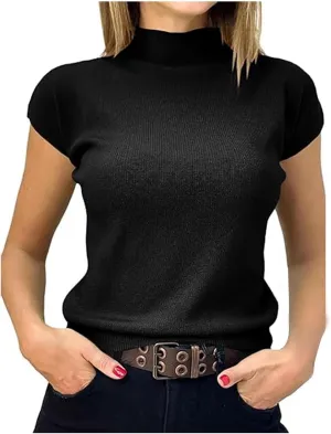 Womens Short Sleeve Top Turtleneck Mock Neck Blouse Summer Casual Basic Knit Slim Fitted Pullover Tops Shirt
