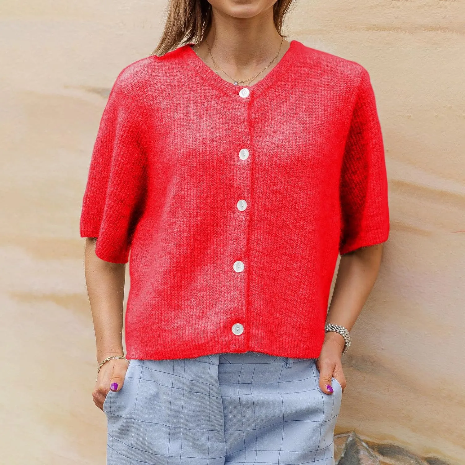 Y2k Women's Light Weight Cardigan Short Sleeve Button up Sweater Knitted Crop Top Casual Solid Knitwear Streetwear