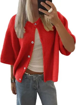 Y2k Women's Light Weight Cardigan Short Sleeve Button up Sweater Knitted Crop Top Casual Solid Knitwear Streetwear